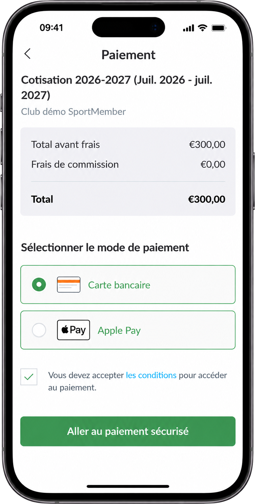 Le paiement d'une cotisation dans l'application SportMember