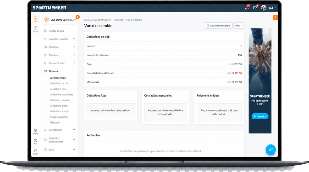 Vue d'ensemble des cotisations du club dans SportMember sur ordinateur